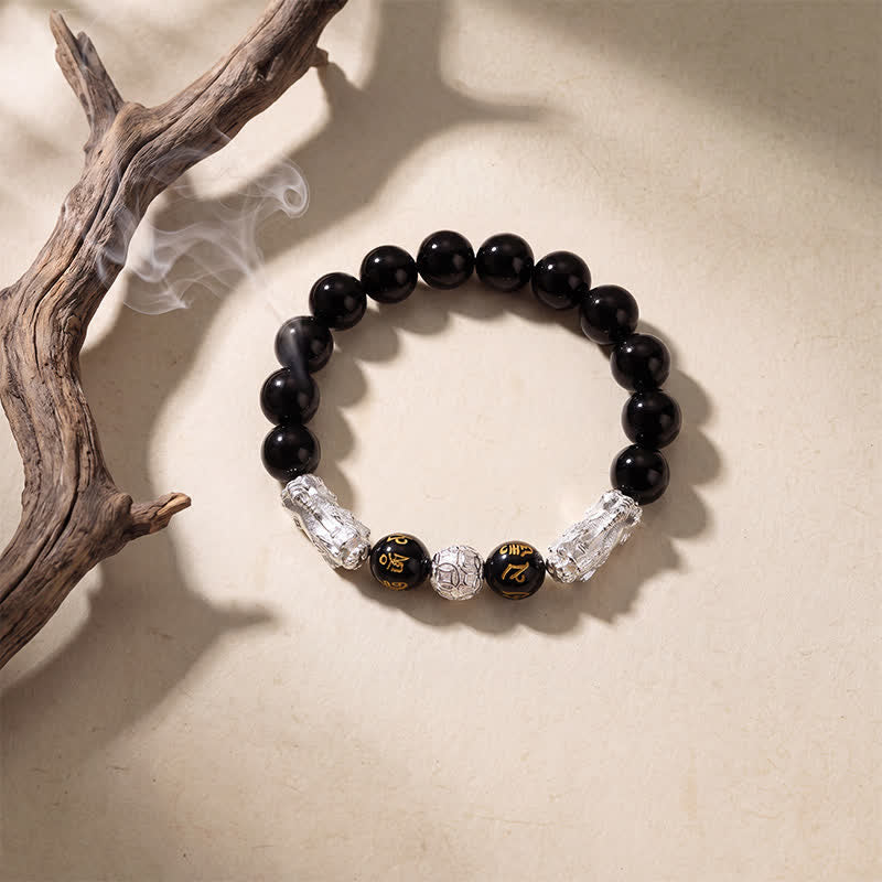 Buddha Stones Pulsera de sabiduría de cobre y obsidiana negra con doble Pi Xiu Om Mani Padme Hum - image 10
