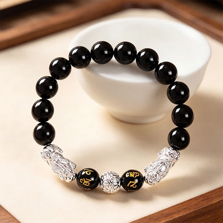 Buddha Stones Pulsera de sabiduría de cobre y obsidiana negra con doble Pi Xiu Om Mani Padme Hum - image 11