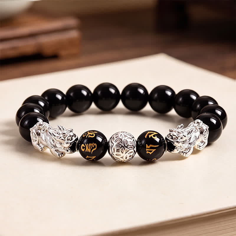 Buddha Stones Pulsera de sabiduría de cobre y obsidiana negra con doble Pi Xiu Om Mani Padme Hum - Plateado - image 9