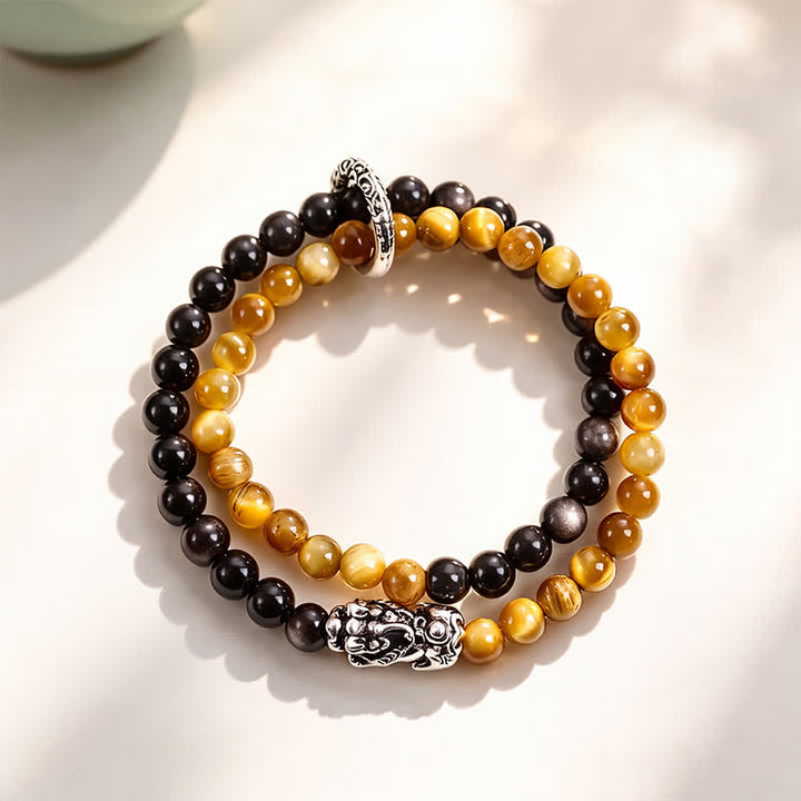 Buddha Stones Pulsera de la buena fortuna Pi Xiu de doble vuelta con brillo plateado y obsidiana ojo de tigre - Ojo de tigre amarillo Pi Xiu plateado - image 3