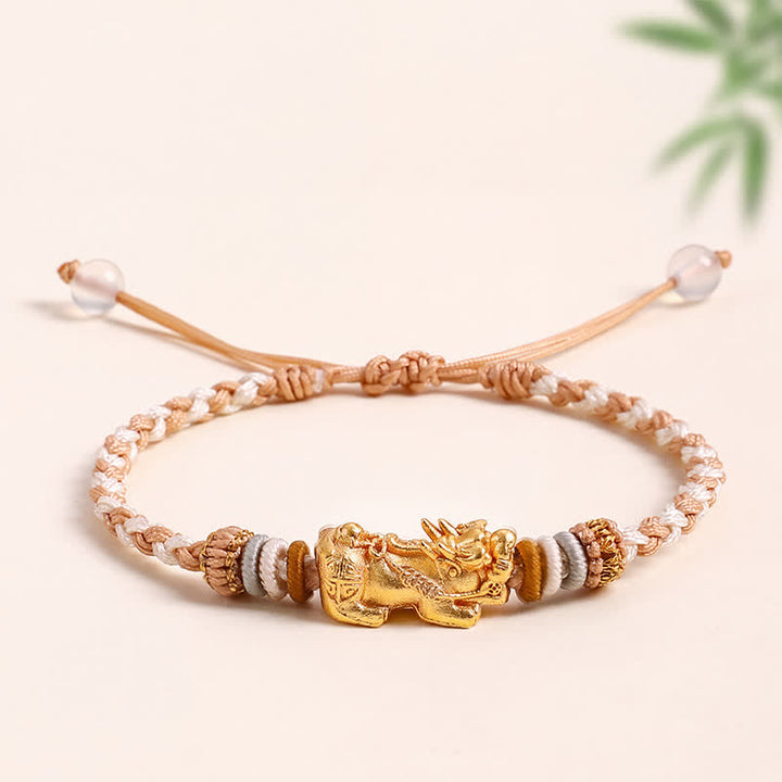 Buddha Stones Pulsera tejida a mano de ágata blanca y cobre con el símbolo Pi Xiu para atraer la buena fortuna. - Marrón - image 4