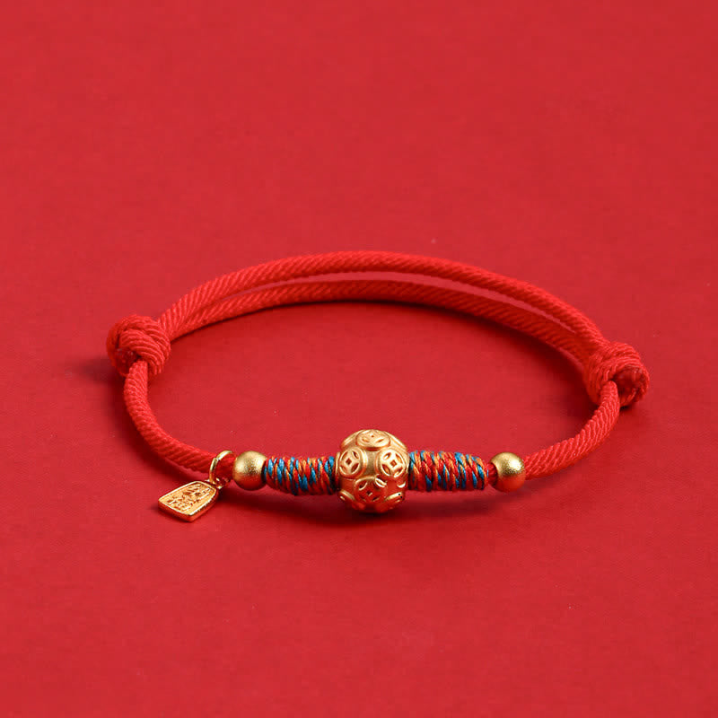 Buddha Stones Pulsera de protección tejida a mano con hilo rojo de plata de ley 999 - Moneda china dorada con cordón rojo - image 1
