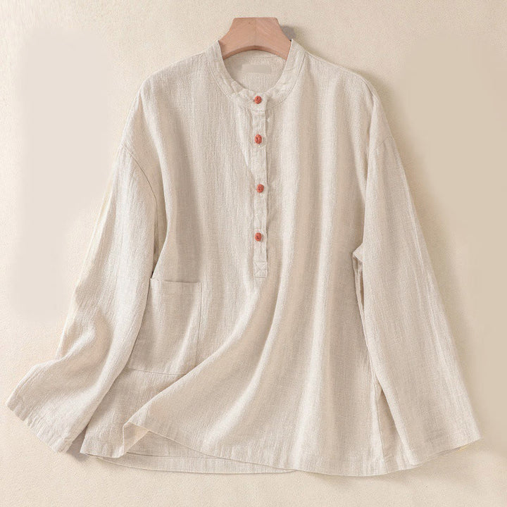 Camisa de manga larga para mujer con cuello redondo, botones y bolsillos, con estampado de Buddha Stones. - seda de maíz - US8-10，UK/AU12-14，EU40-42 (2XL) - image 16