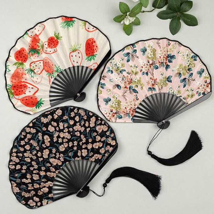 Buddha Stones Ventilador plegable con borla y estampado floral de frutas de bambú - image 13