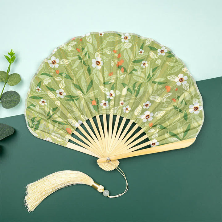Buddha Stones Ventilador plegable con borla y estampado floral de frutas de bambú - Flores blancas con hojas verdes (borla de regalo) - image 3