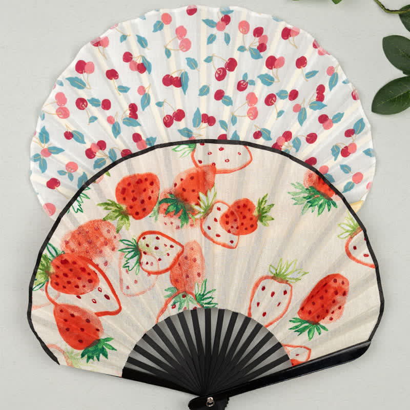 Buddha Stones Ventilador plegable con borla y estampado floral de frutas de bambú - image 12