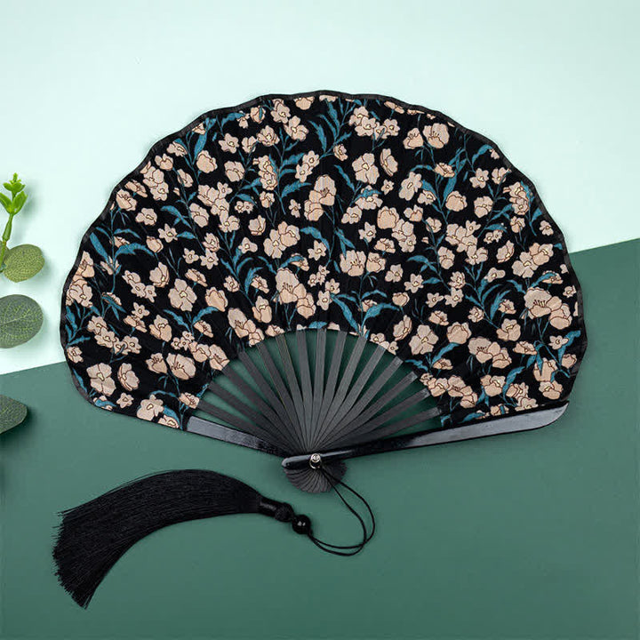 Buddha Stones Ventilador plegable con borla y estampado floral de frutas de bambú - Flores rosas (borla de cortesía) - image 9