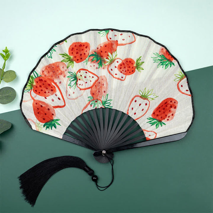 Buddha Stones Ventilador plegable con borla y estampado floral de frutas de bambú - Fresas (con borla de cortesía) - image 10
