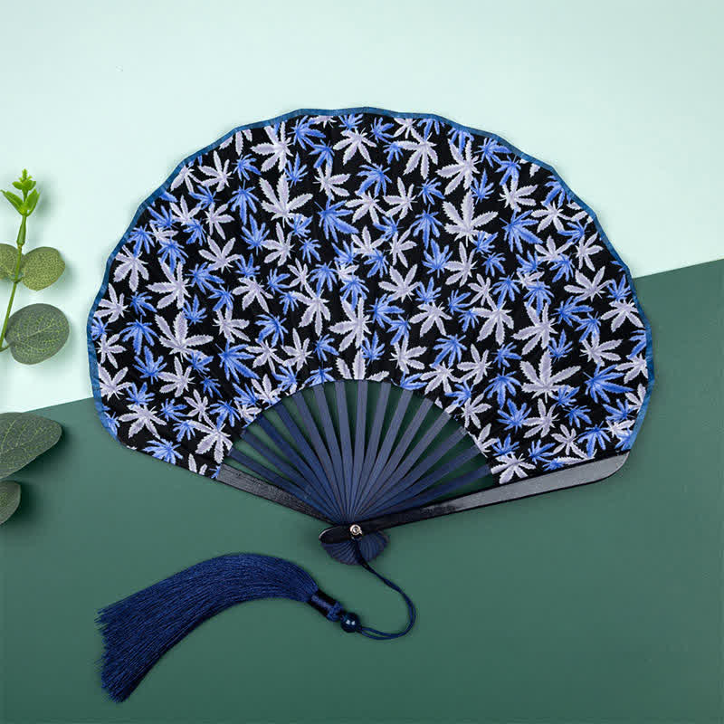 Buddha Stones Ventilador plegable con borla y estampado floral de frutas de bambú - Hojas de arce azules (borla de cortesía) - image 1