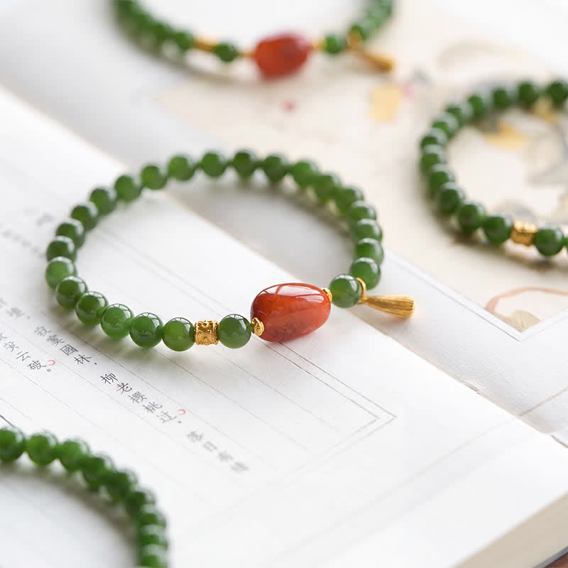 Buddha Stones Pulsera de la suerte de jade Hetian verde espinaca y ágata roja - Jade natural (circunferencia de la muñeca: 14-15 cm) - image 0