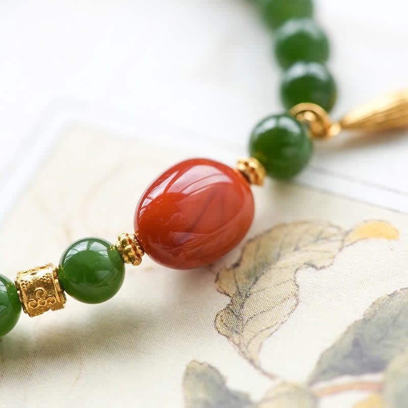 Buddha Stones Pulsera de la suerte de jade Hetian verde espinaca y ágata roja - image 12