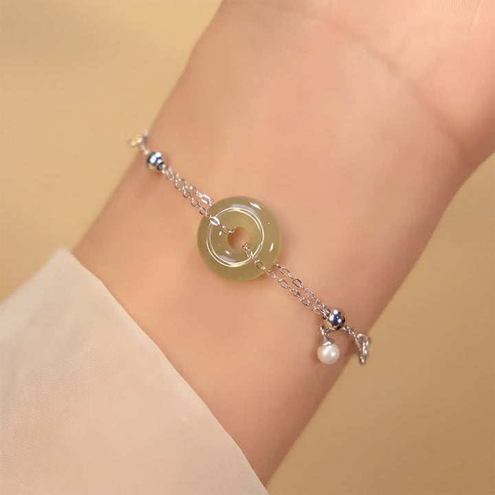 Buddha Stones Hebilla de la paz de jade Hetian, pulsera de plata de ley 925, pulsera de la suerte - Hebilla de la paz (circunferencia de la muñeca: 16-19 cm) - image 0