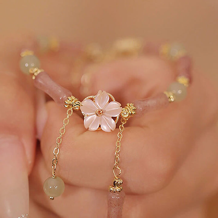 Buddha Stones Pulsera romántica de jade Hetian con cuarzo fresa y bambú - image 14