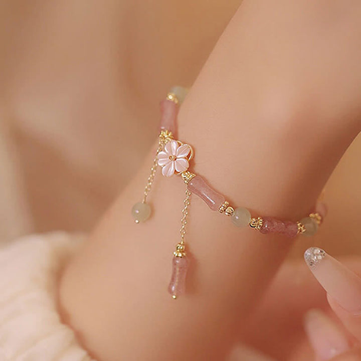Buddha Stones Pulsera romántica de jade Hetian con cuarzo fresa y bambú - image 3