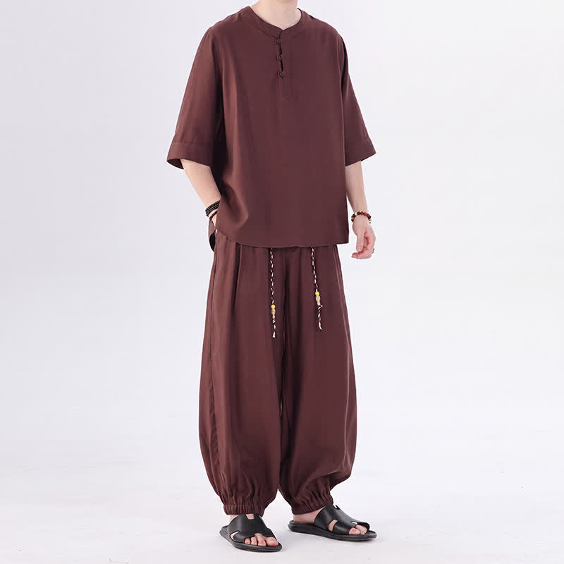 Buddha Stones Camisa de manga hasta el codo estilo Tang con botones de rana, color liso, ideal para primavera y verano. También disponible como prenda de meditación para hombre con bolsillo. - image 39