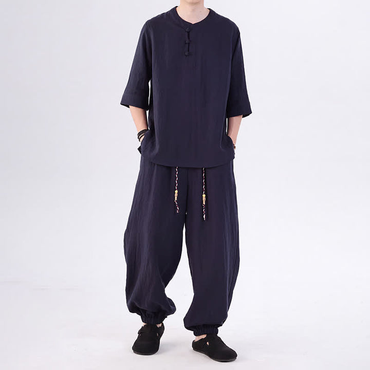 Buddha Stones Camisa de manga hasta el codo estilo Tang con botones de rana, color liso, ideal para primavera y verano. También disponible como prenda de meditación para hombre con bolsillo. - Azul medianoche - US/UK/AU46, EU56 (5XL) - image 40