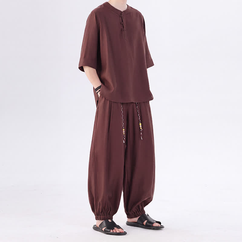 Buddha Stones Camisa de manga hasta el codo estilo Tang con botones de rana, color liso, ideal para primavera y verano. También disponible como prenda de meditación para hombre con bolsillo. - image 37