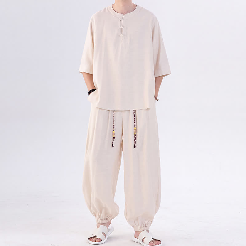 Buddha Stones Camisa de manga hasta el codo estilo Tang con botones de rana, color liso, ideal para primavera y verano. También disponible como prenda de meditación para hombre con bolsillo. - image 4