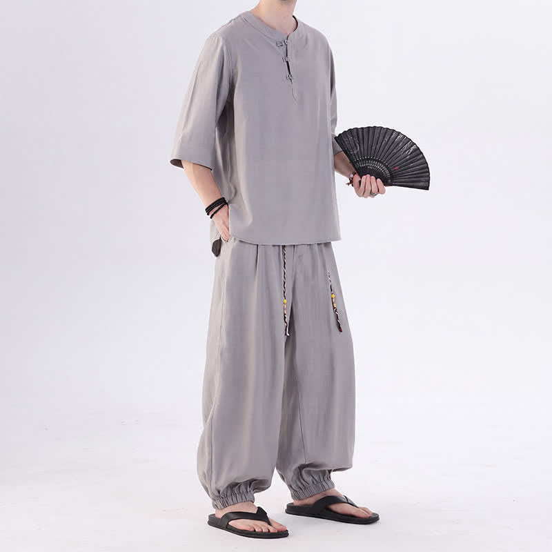 Buddha Stones Camisa de manga hasta el codo estilo Tang con botones de rana, color liso, ideal para primavera y verano. También disponible como prenda de meditación para hombre con bolsillo. - image 16