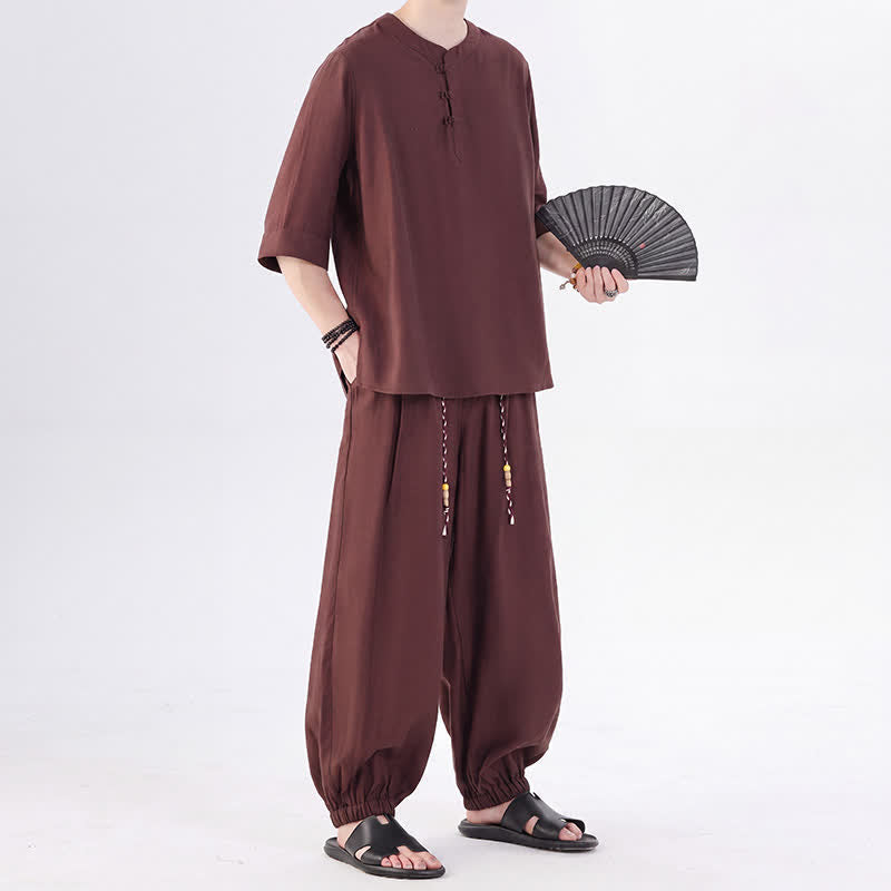 Buddha Stones Camisa de manga hasta el codo estilo Tang con botones de rana, color liso, ideal para primavera y verano. También disponible como prenda de meditación para hombre con bolsillo. - image 31