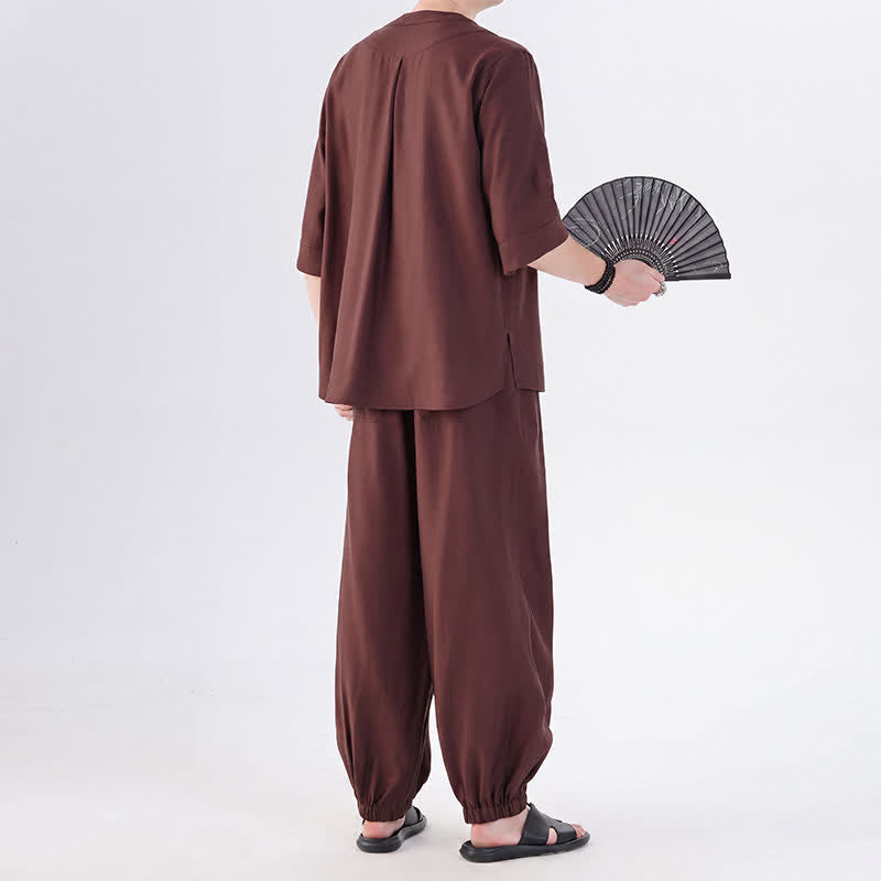 Buddha Stones Camisa de manga hasta el codo estilo Tang con botones de rana, color liso, ideal para primavera y verano. También disponible como prenda de meditación para hombre con bolsillo. - image 33