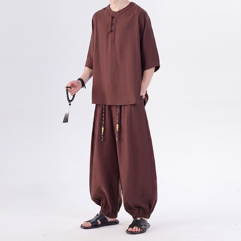 Buddha Stones Camisa de manga hasta el codo estilo Tang con botones de rana, color liso, ideal para primavera y verano. También disponible como prenda de meditación para hombre con bolsillo. - image 35