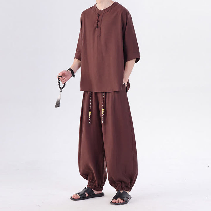 Buddha Stones Camisa de manga hasta el codo estilo Tang con botones de rana, color liso, ideal para primavera y verano. También disponible como prenda de meditación para hombre con bolsillo. - image 35