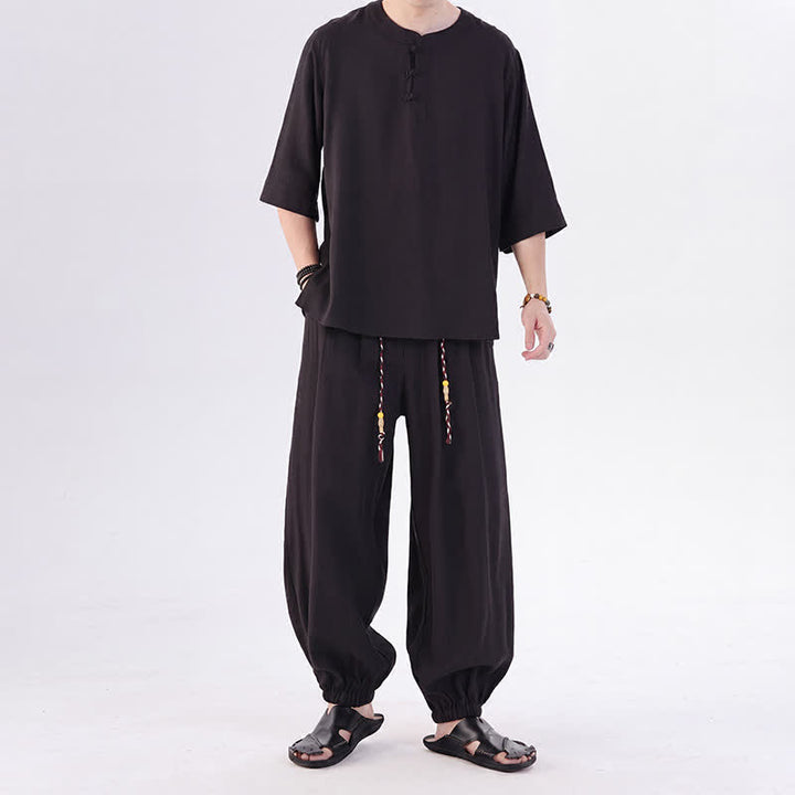 Buddha Stones Camisa de manga hasta el codo estilo Tang con botones de rana, color liso, ideal para primavera y verano. También disponible como prenda de meditación para hombre con bolsillo. - image 27