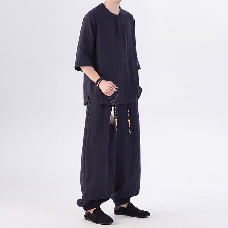 Buddha Stones Camisa de manga hasta el codo estilo Tang con botones de rana, color liso, ideal para primavera y verano. También disponible como prenda de meditación para hombre con bolsillo. - image 41