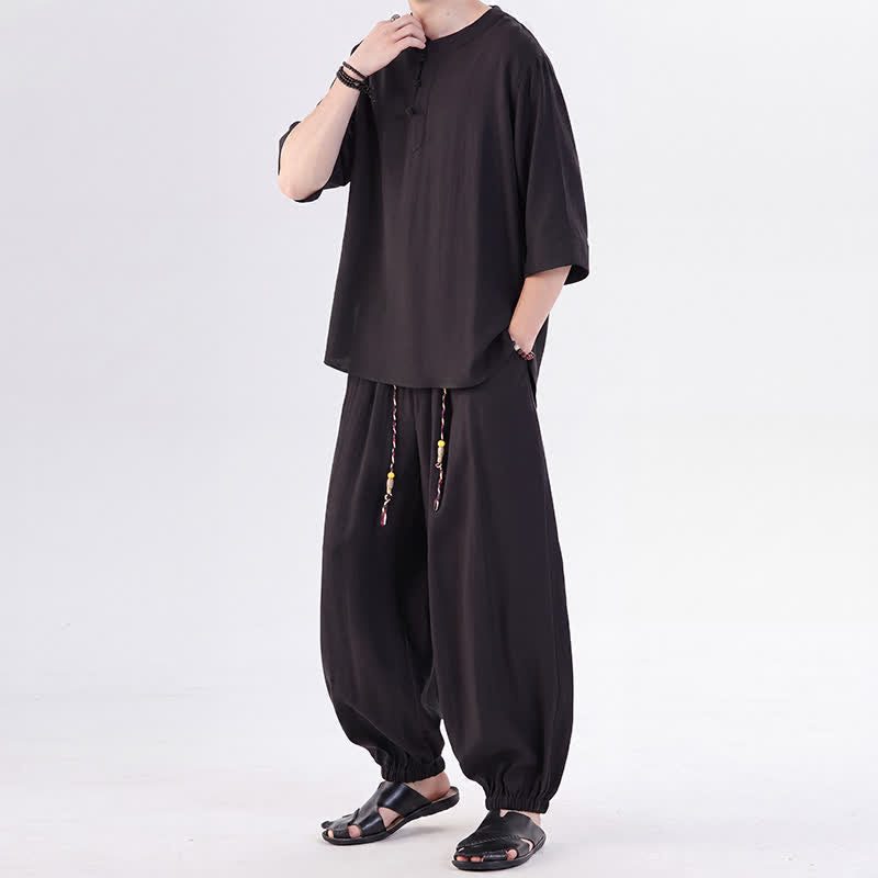 Buddha Stones Camisa de manga hasta el codo estilo Tang con botones de rana, color liso, ideal para primavera y verano. También disponible como prenda de meditación para hombre con bolsillo. - image 25