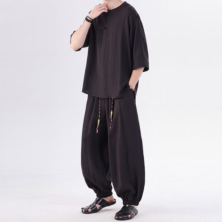 Buddha Stones Camisa de manga hasta el codo estilo Tang con botones de rana, color liso, ideal para primavera y verano. También disponible como prenda de meditación para hombre con bolsillo. - image 25