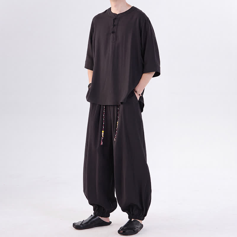 Buddha Stones Camisa de manga hasta el codo estilo Tang con botones de rana, color liso, ideal para primavera y verano. También disponible como prenda de meditación para hombre con bolsillo. - image 21
