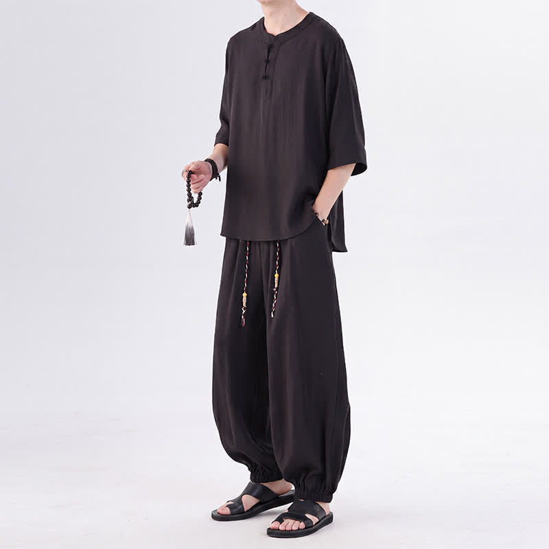 Buddha Stones Camisa de manga hasta el codo estilo Tang con botones de rana, color liso, ideal para primavera y verano. También disponible como prenda de meditación para hombre con bolsillo. - image 23