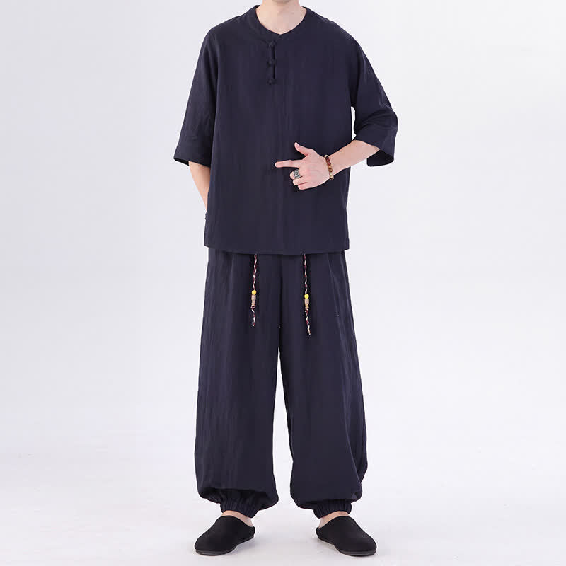 Buddha Stones Camisa de manga hasta el codo estilo Tang con botones de rana, color liso, ideal para primavera y verano. También disponible como prenda de meditación para hombre con bolsillo. - image 50