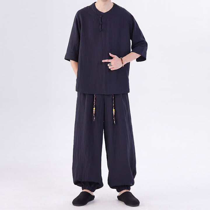 Buddha Stones Camisa de manga hasta el codo estilo Tang con botones de rana, color liso, ideal para primavera y verano. También disponible como prenda de meditación para hombre con bolsillo. - image 50