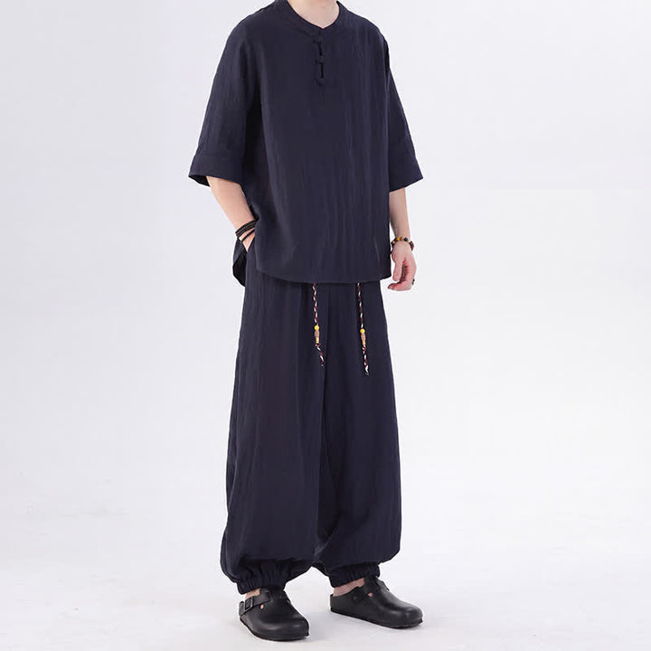 Buddha Stones Camisa de manga hasta el codo estilo Tang con botones de rana, color liso, ideal para primavera y verano. También disponible como prenda de meditación para hombre con bolsillo. - image 48