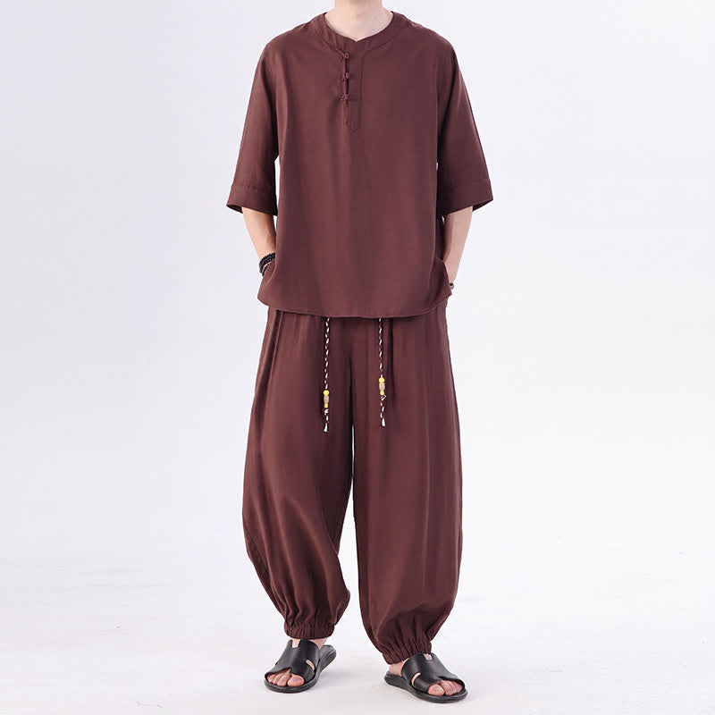 Buddha Stones Camisa de manga hasta el codo estilo Tang con botones de rana, color liso, ideal para primavera y verano. También disponible como prenda de meditación para hombre con bolsillo. - Tierra de siena - US/UK/AU46, EU56 (5XL) - image 30