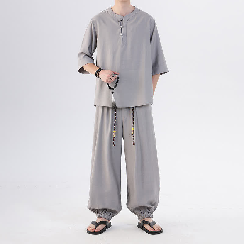Buddha Stones Camisa de manga hasta el codo estilo Tang con botones de rana, color liso, ideal para primavera y verano. También disponible como prenda de meditación para hombre con bolsillo. - image 17