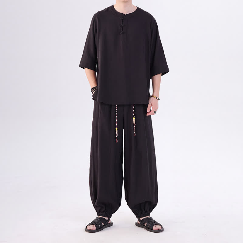 Buddha Stones Camisa de manga hasta el codo estilo Tang con botones de rana, color liso, ideal para primavera y verano. También disponible como prenda de meditación para hombre con bolsillo. - image 28