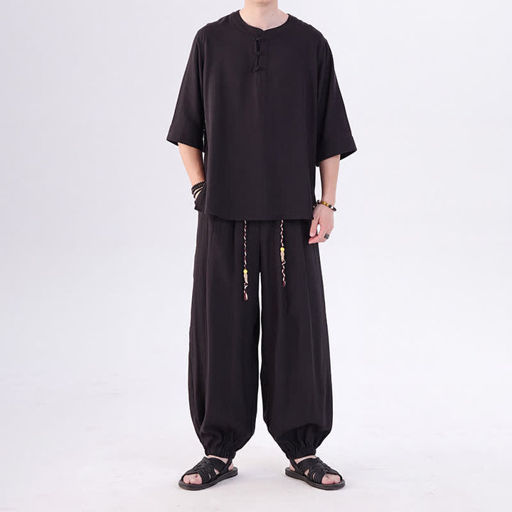 Buddha Stones Camisa de manga hasta el codo estilo Tang con botones de rana, color liso, ideal para primavera y verano. También disponible como prenda de meditación para hombre con bolsillo. - image 28