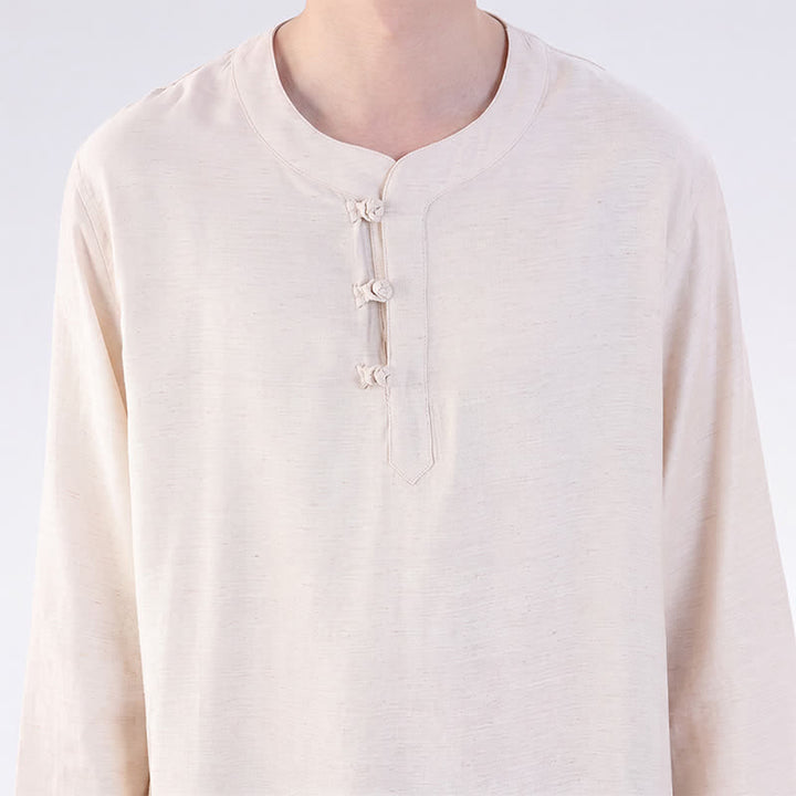Buddha Stones Camisa de manga hasta el codo estilo Tang con botones de rana, color liso, ideal para primavera y verano. También disponible como prenda de meditación para hombre con bolsillo. - image 7