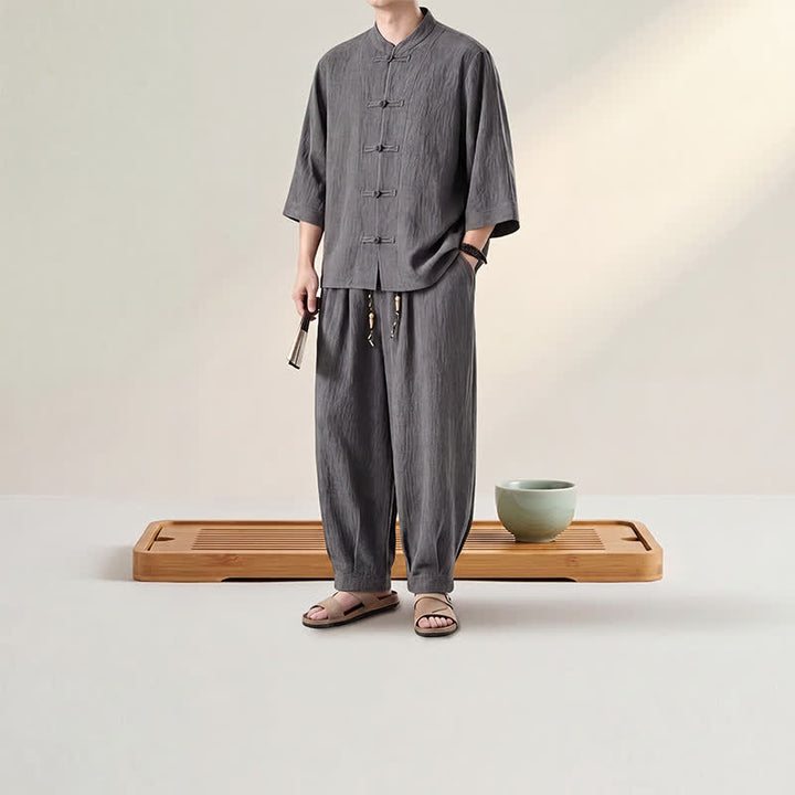 Buddha Stones Camisa de manga tres cuartos estilo Tang para hombre, ideal para meditación, con botones y estampado de rana. - image 5