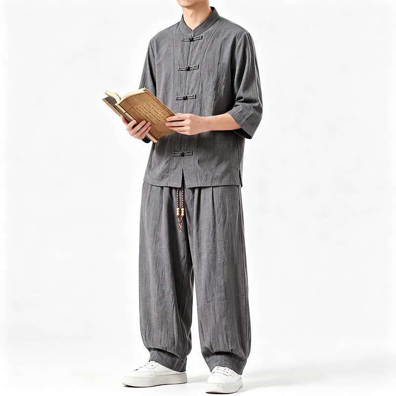 Buddha Stones Camisa de manga tres cuartos estilo Tang para hombre, ideal para meditación, con botones y estampado de rana. - image 3