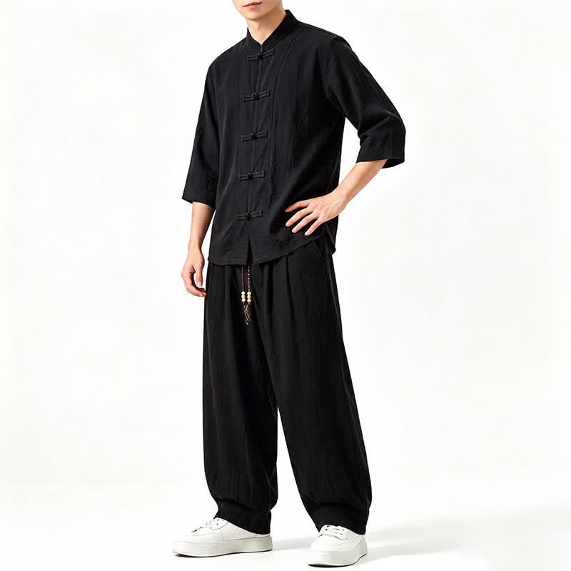 Buddha Stones Camisa de manga tres cuartos estilo Tang para hombre, ideal para meditación, con botones y estampado de rana. - image 11