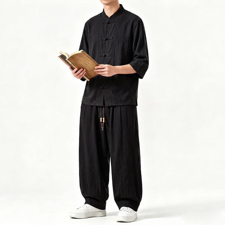 Buddha Stones Camisa de manga tres cuartos estilo Tang para hombre, ideal para meditación, con botones y estampado de rana. - image 13