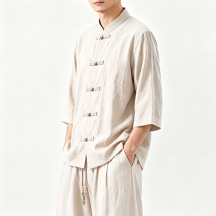 Buddha Stones Camisa de manga tres cuartos estilo Tang para hombre, ideal para meditación, con botones y estampado de rana. - image 23