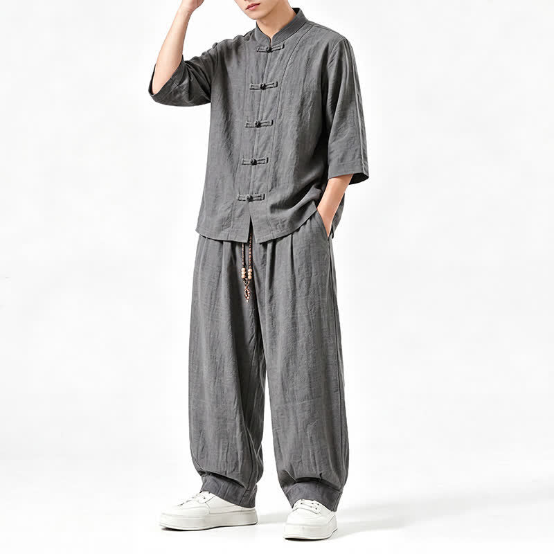 Buddha Stones Camisa de manga tres cuartos estilo Tang para hombre, ideal para meditación, con botones y estampado de rana. - image 2
