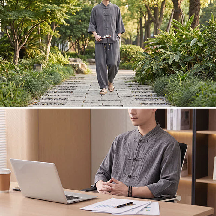 Buddha Stones Camisa de manga tres cuartos estilo Tang para hombre, ideal para meditación, con botones y estampado de rana. - image 8
