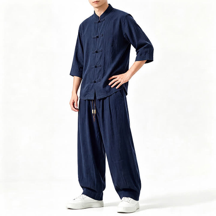 Buddha Stones Camisa de manga tres cuartos estilo Tang para hombre, ideal para meditación, con botones y estampado de rana. - image 18