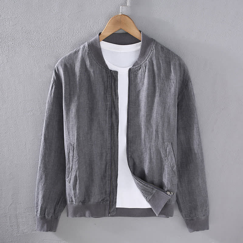 Buddha Stones Chaqueta de lino para hombre, estilo casual minimalista, con cremallera y bolsillos, ideal para primavera. - Gris - US/UK/AU42, EU52 (3XL) - image 1